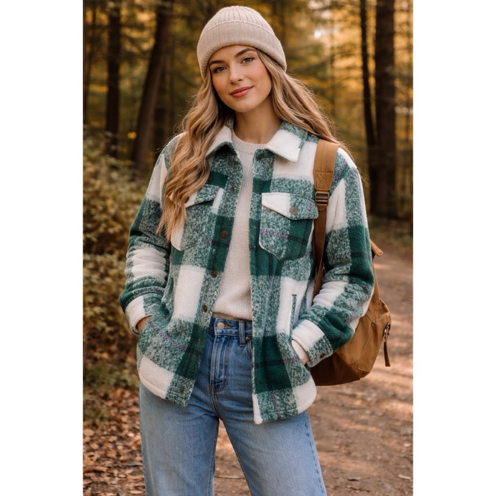 Avec Les Filles Shacket Jacket Checked Button Front Pockets Sz S